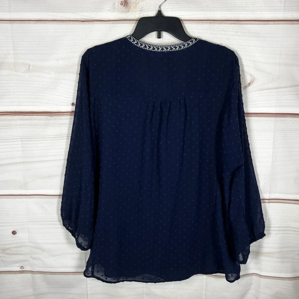 DR2 Chiffon Blouse Womens‎ Large Navy Blue Swiss Dot Embroidered V-Neck Tassel